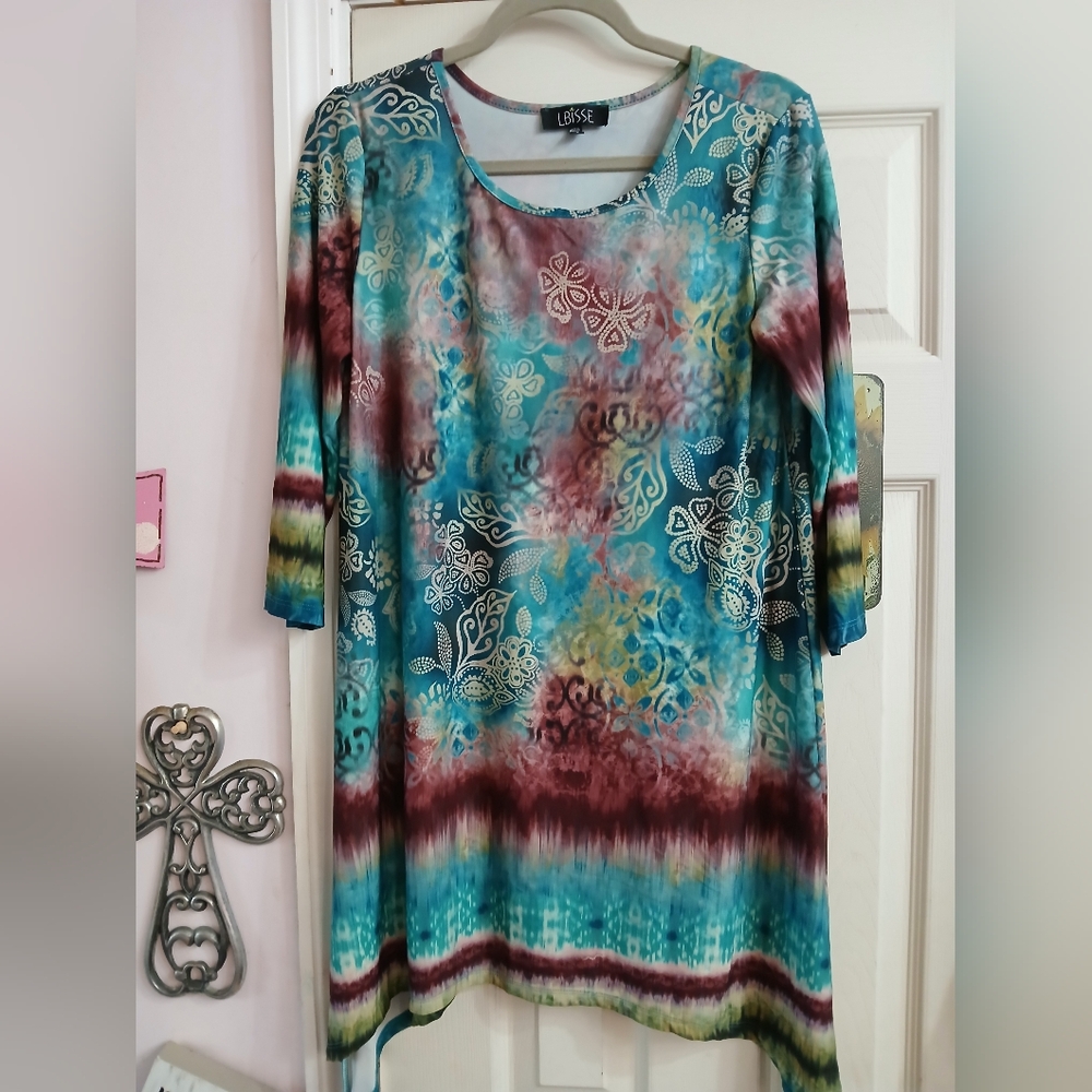 LBisse Tunic Top Large Liquid Knit Abstract Watercolor Floral 3/4 Sleeve Arts